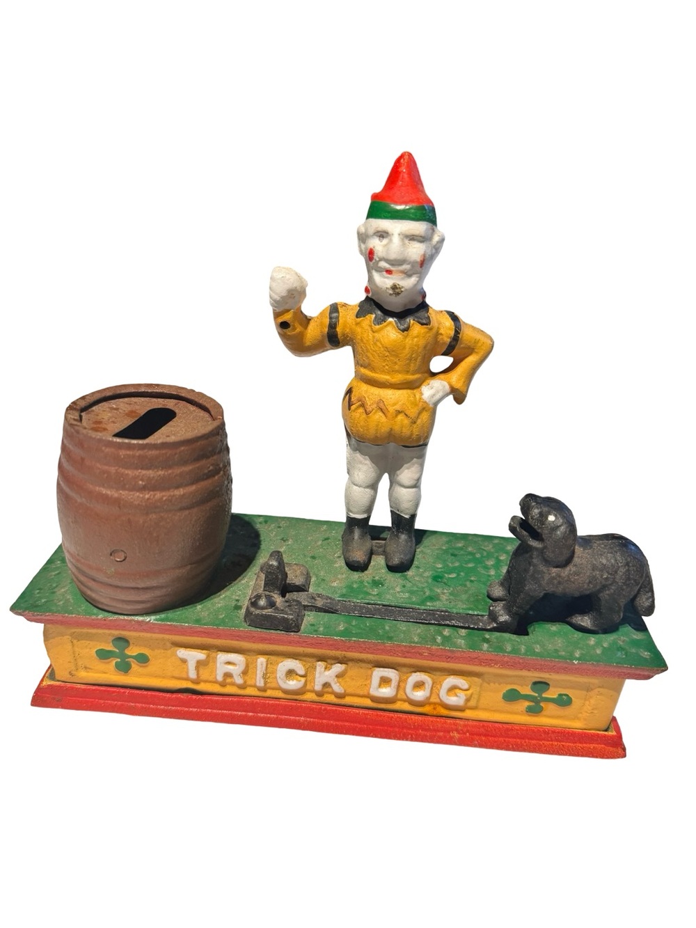 Vintage "Trick Dog" Mechanical Bank Figurine - Yellow, Green, Red